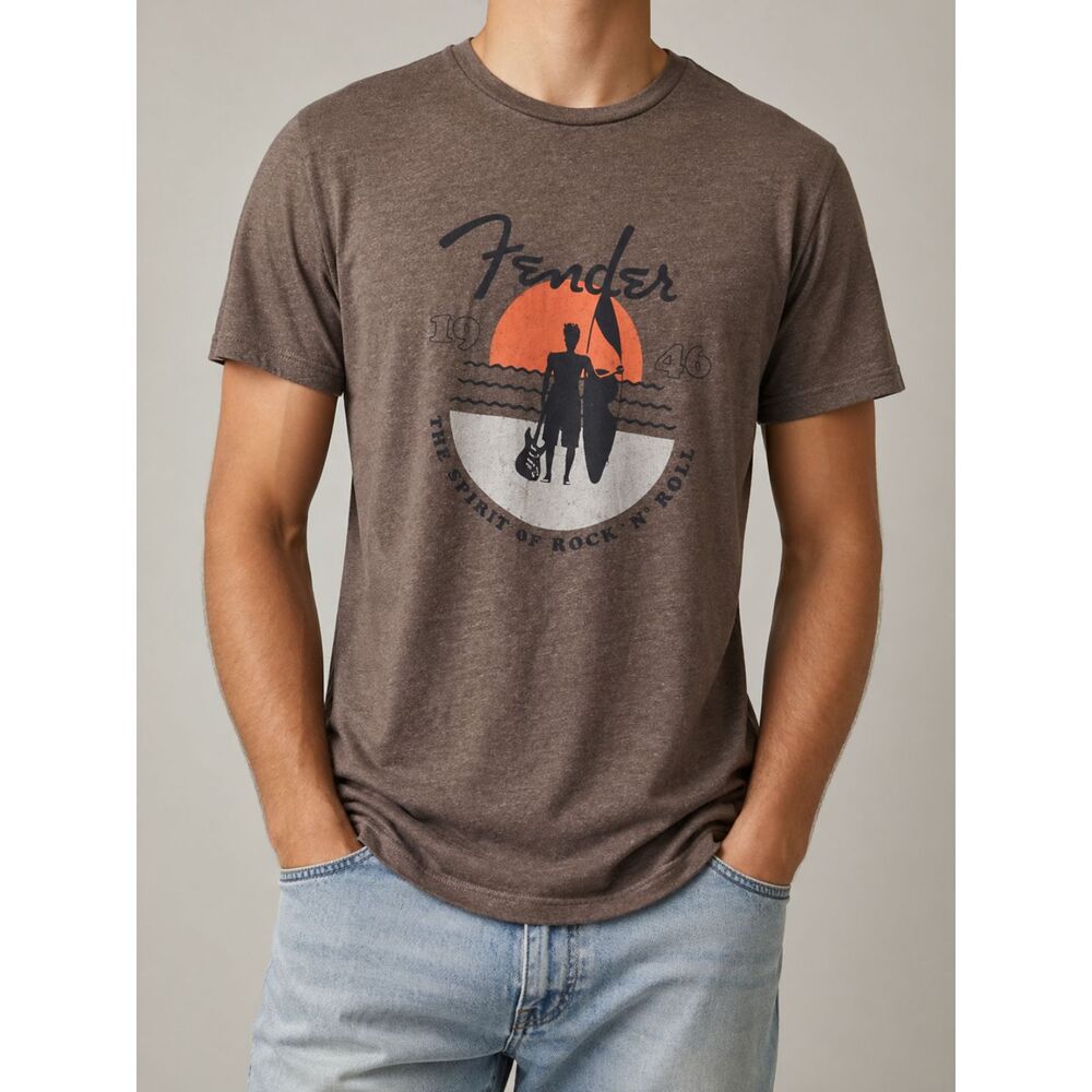 Fender Graphic T-Shirt M Brown Sunset Surf Guitar Rock Band Tee Cotton Blend